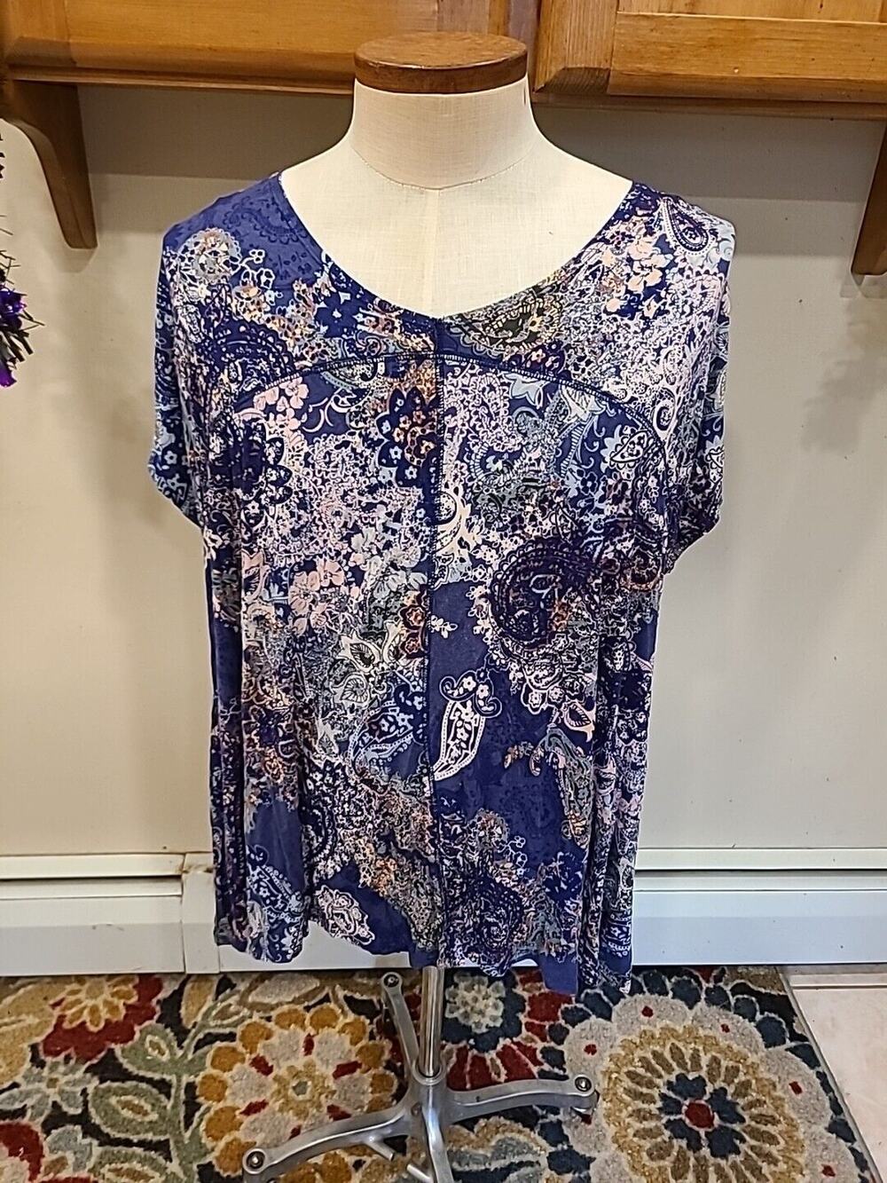 Adrienne Vittadini Shirt Womens 3X Flowy Navy Paisley Casual Bouse Ladies